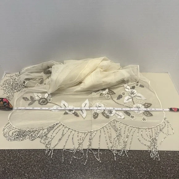 Vintage Floral Embroidered Beaded Sheer Scarf - Cream